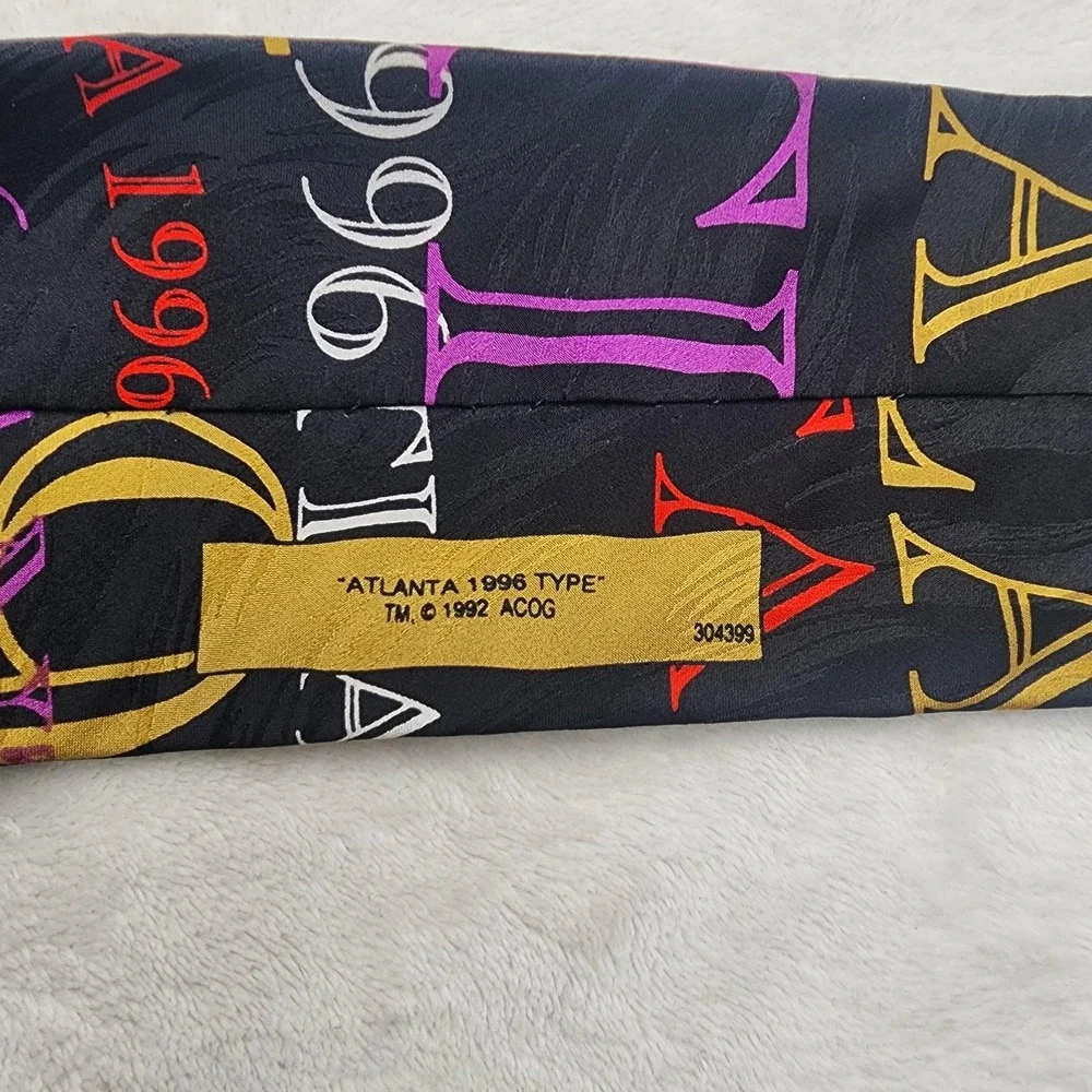 Vintage Olympics Tie  Atlanta 1996 Mens One Size Black Silk Necktie 90s USA Made